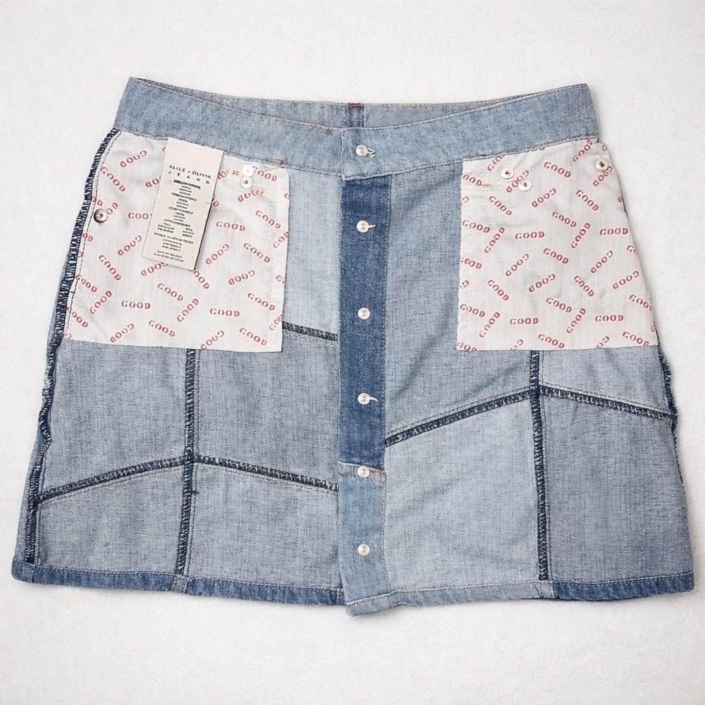 Alice + Olivia Good High Rise Patchwork Denim Happy Go Lucky Button Front Mini - Picture 6 of 8